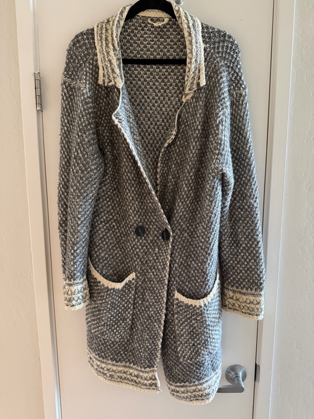 Anthropologie Gray & Cream Knit Double-Breasted Long Cardigan